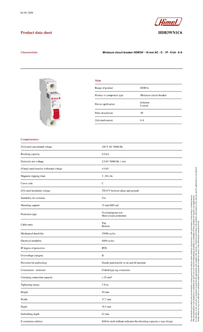 HIMEL Miniature Circuit Breaker (MCB) 1 Pole 6A 6kA Type C HDB3WN1C6 - Image 7