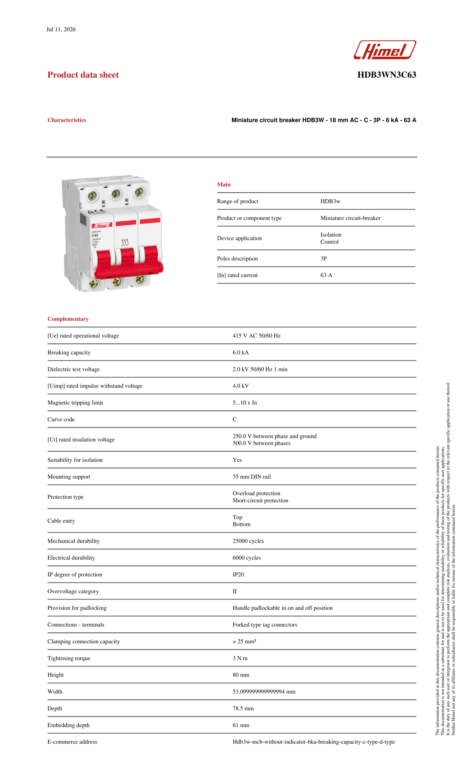 HIMEL - Miniature Circuit Breaker (MCB) - (3P - 63A - 6kA) - HDB3WN3C63 - Image 7