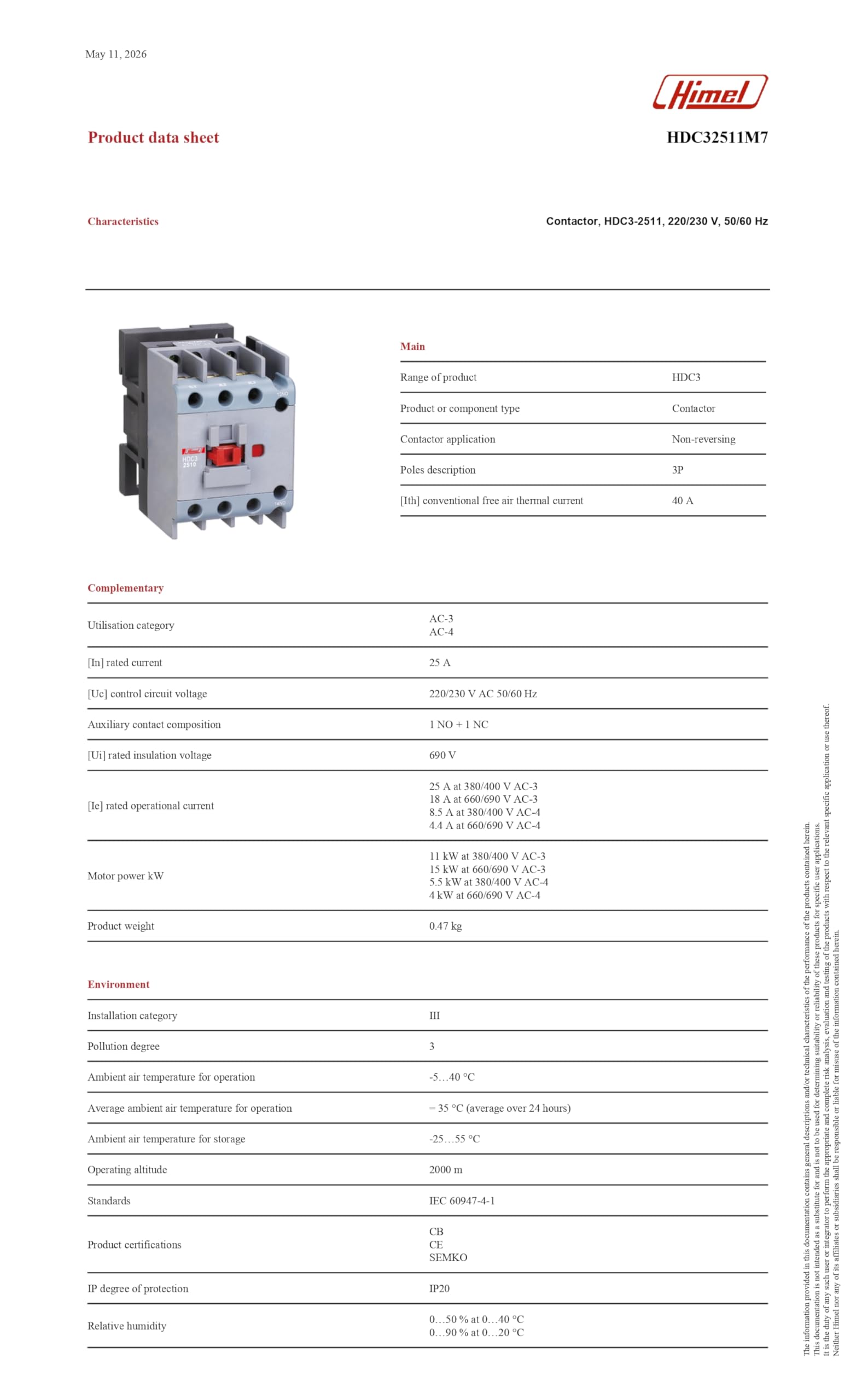 HIMEL 25A 3 Pole Contactor 220/230V AC Coil 1NO+1NC - HDC32511M7 - Image 6