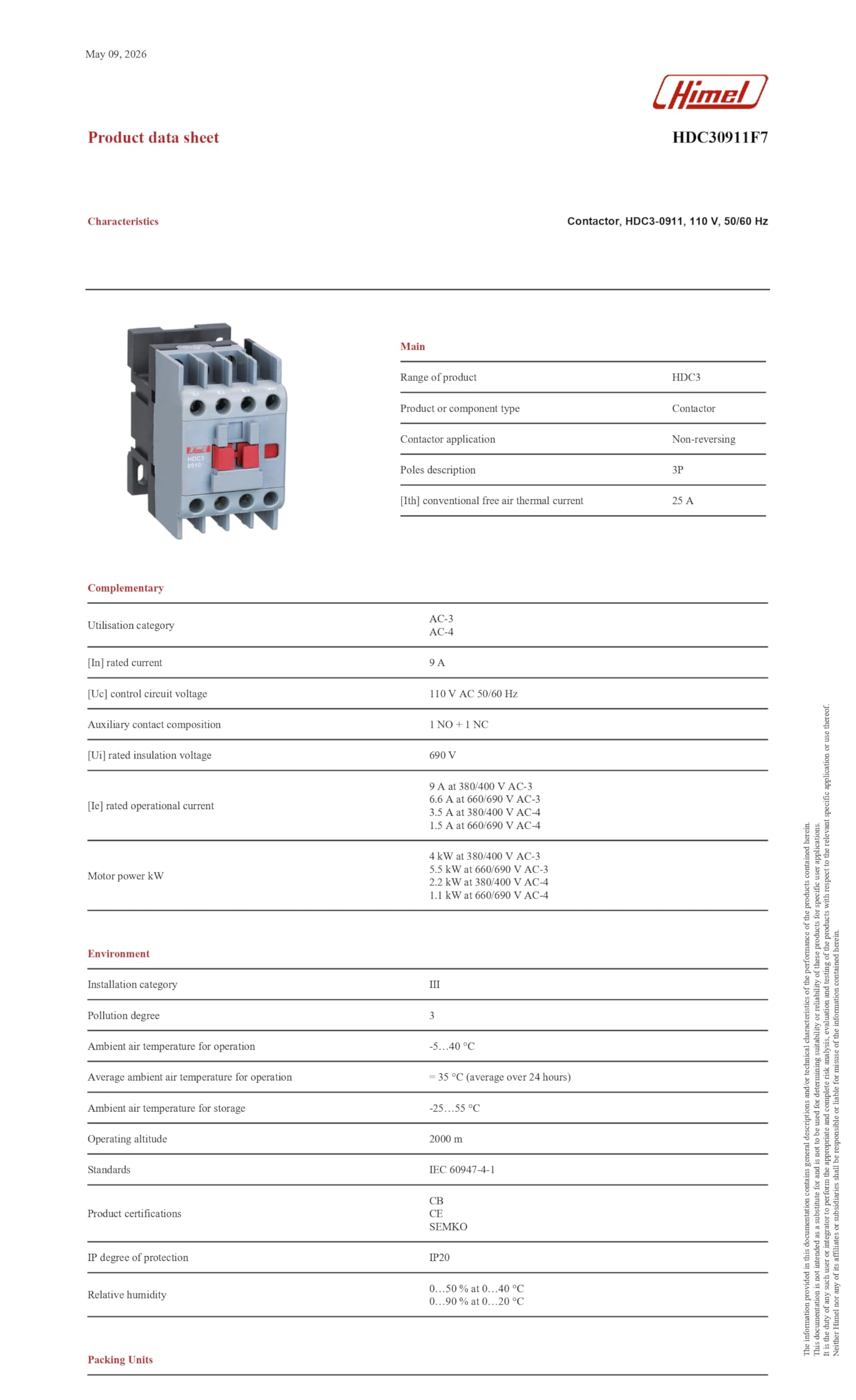 HIMEL – Contactor – 9A – 3 Pole – 110V AC – HDC30911F7 - Image 6