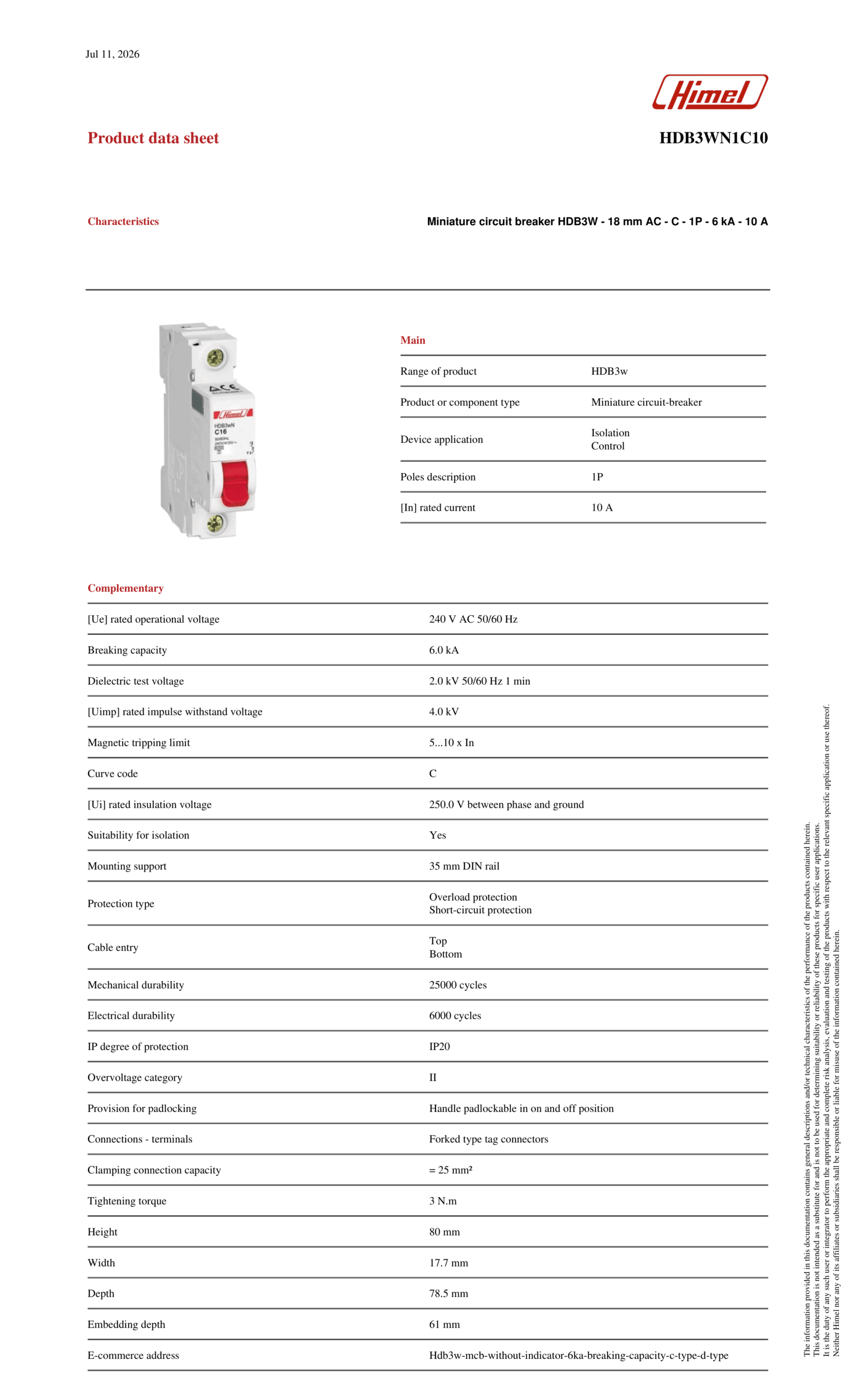 HIMEL Miniature Circuit Breaker (MCB) 1P 10A 6kA Type C – HDB3WN1C10 - Image 2