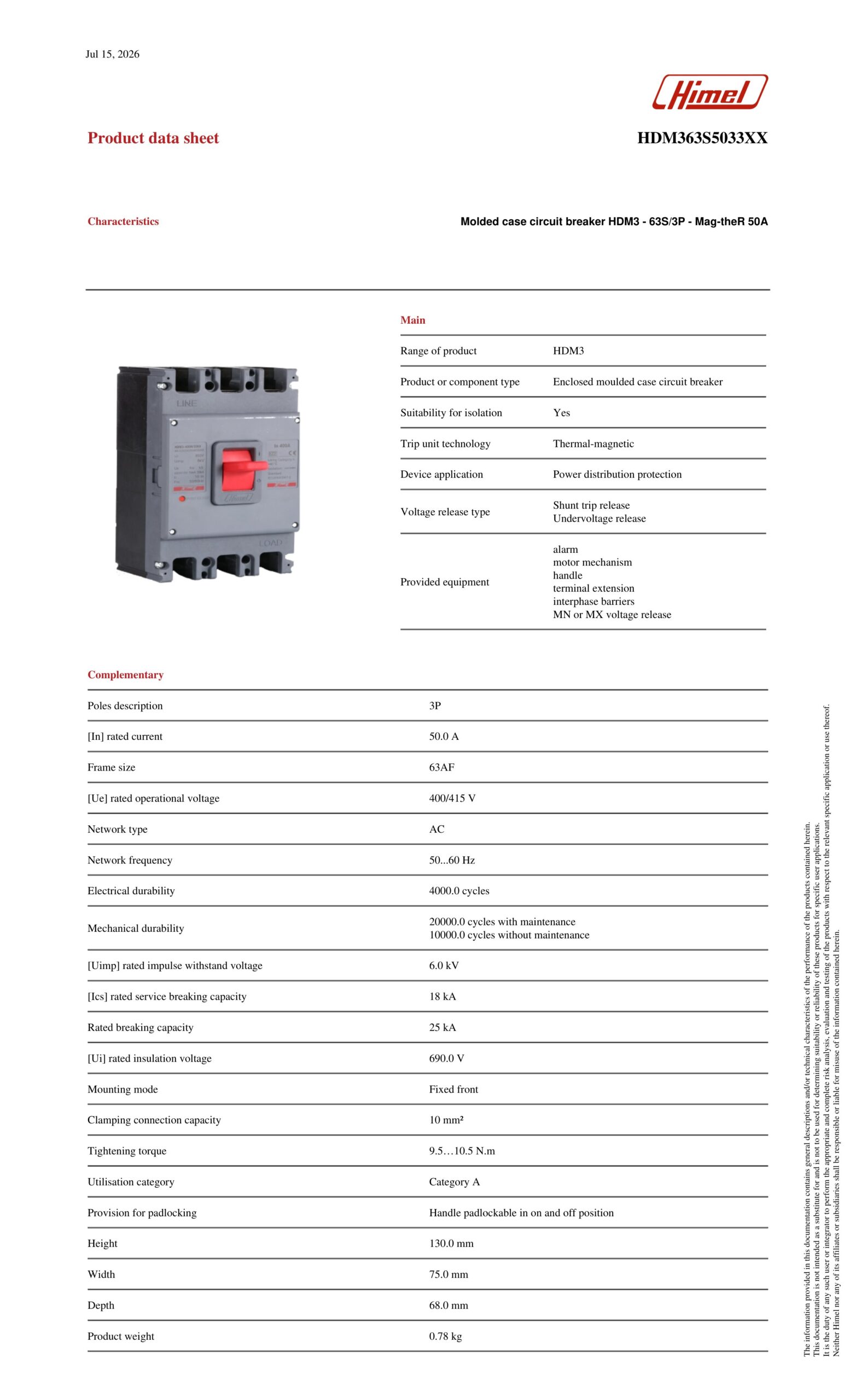 HIMEL Molded Case Circuit Breaker (MCCB) 3P 50A 25kA Thermal-Magnetic HDM363S5033XX - Image 6