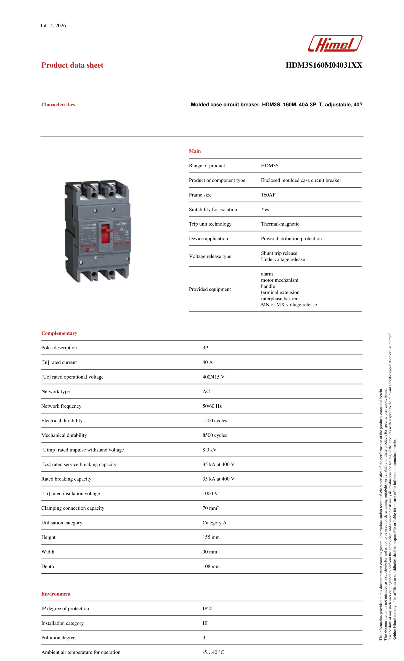 HIMEL Molded Case Circuit Breaker (MCCB) 3P 40A 35kA Thermal-Magnetic HDM3S160M04031XX - Image 5