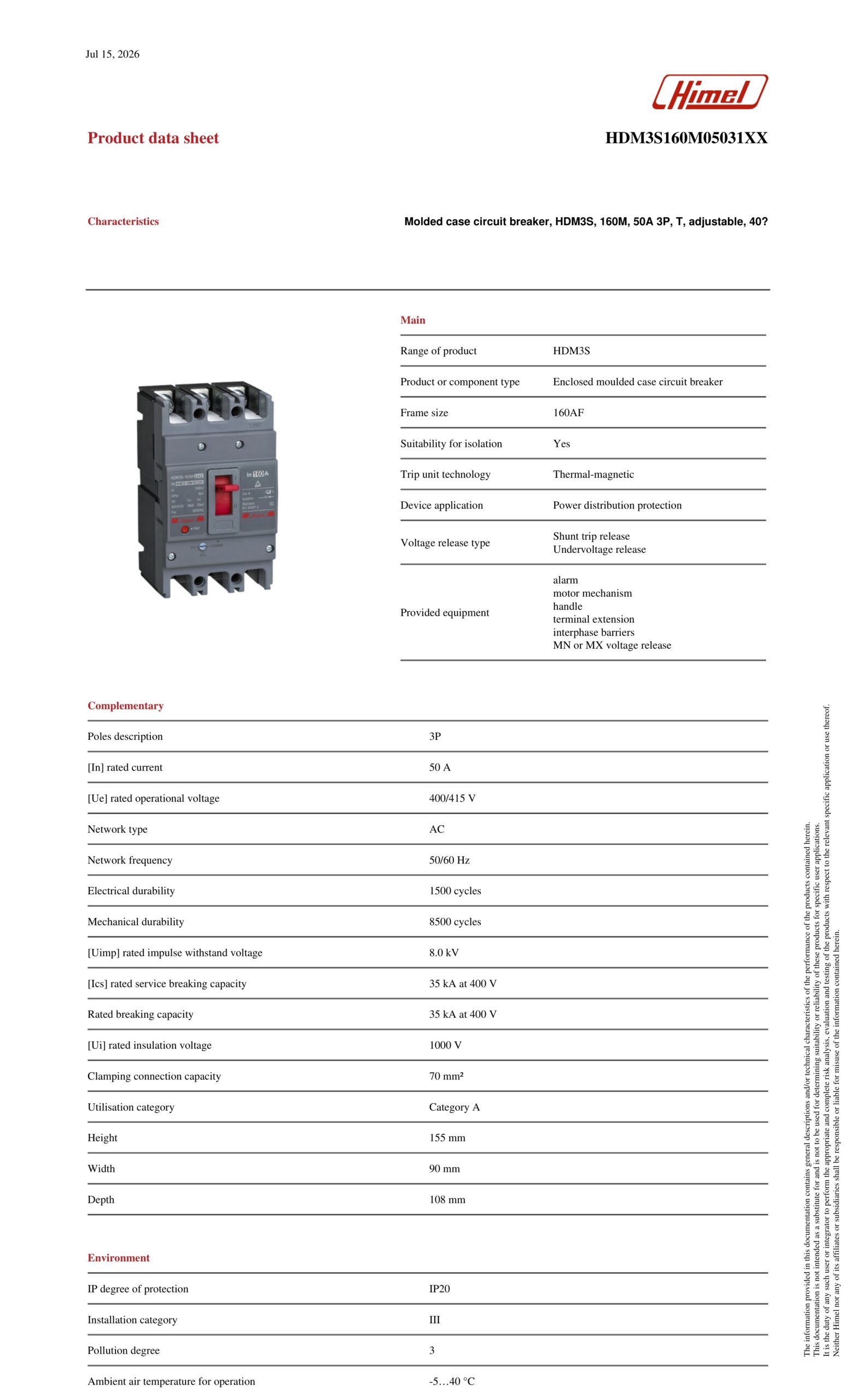 HIMEL Molded Case Circuit Breaker (MCCB) 3P 50A 35kA Thermal-Magnetic HDM3S160M05031XX - Image 5