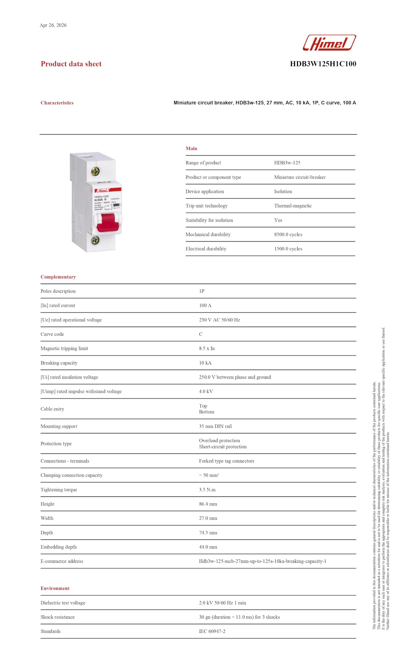 HIMEL Miniature Circuit Breaker (MCB) 1P 100A 10kA Type C - HDB3W125H1C100 - Image 6