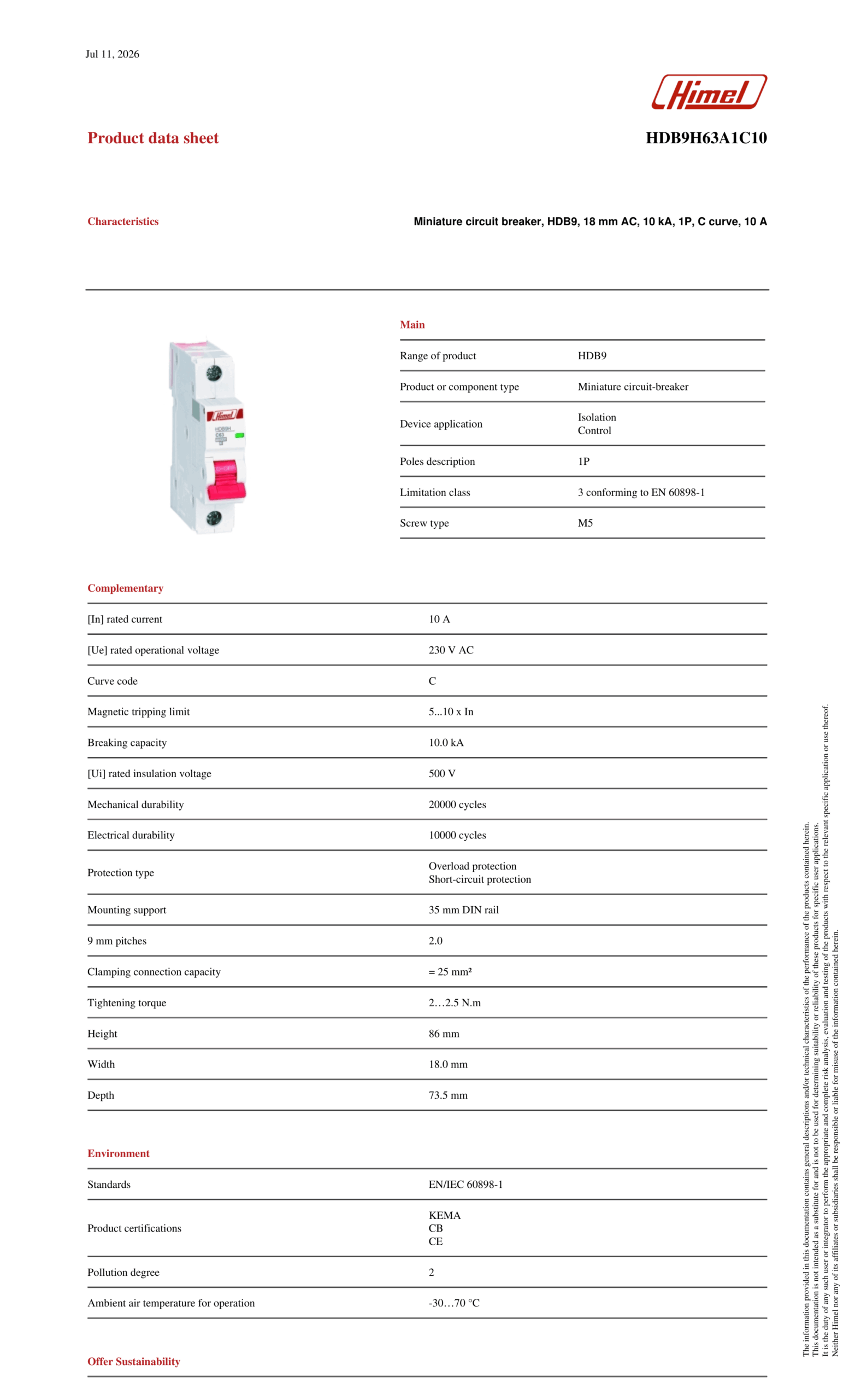 HIMEL Miniature Circuit Breaker (MCB) 1P 10A 10kA Type C – HDB9H63A1C10 - Image 7