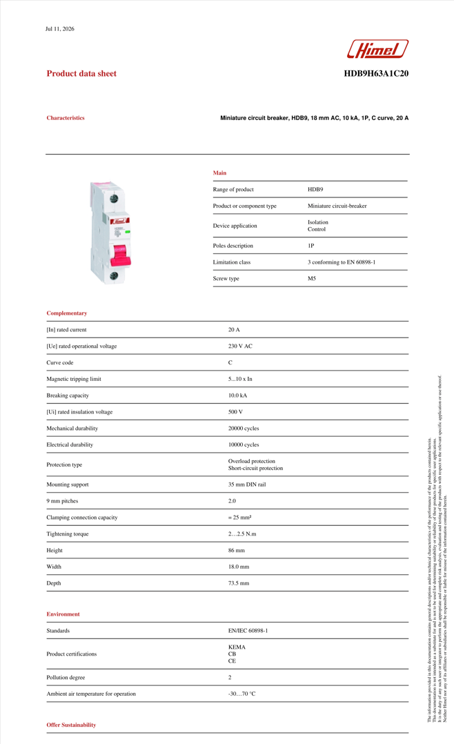 HIMEL Miniature Circuit Breaker (MCB) 1P 20A 10kA Type C – HDB9H63A1C20 - Image 6