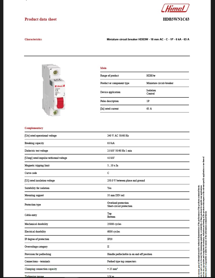 HIMEL Miniature Circuit Breaker (MCB) 1P 63A 6kA Type C - HDB3WN1C63 - Image 6
