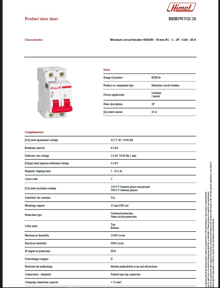 HIMEL Miniature Circuit Breaker (MCB) 2P 20A 6kA Type C – HDB3WN2C20 - Image 7