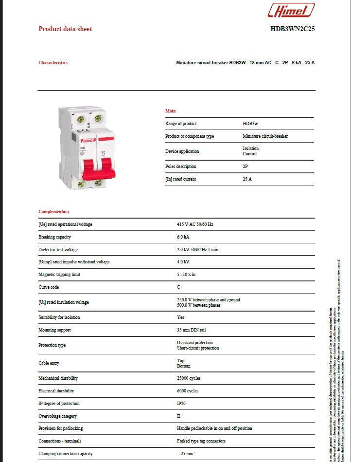 HIMEL Miniature Circuit Breaker (MCB) 2P 25A 6kA Type C – HDB3WN2C25 - Image 7