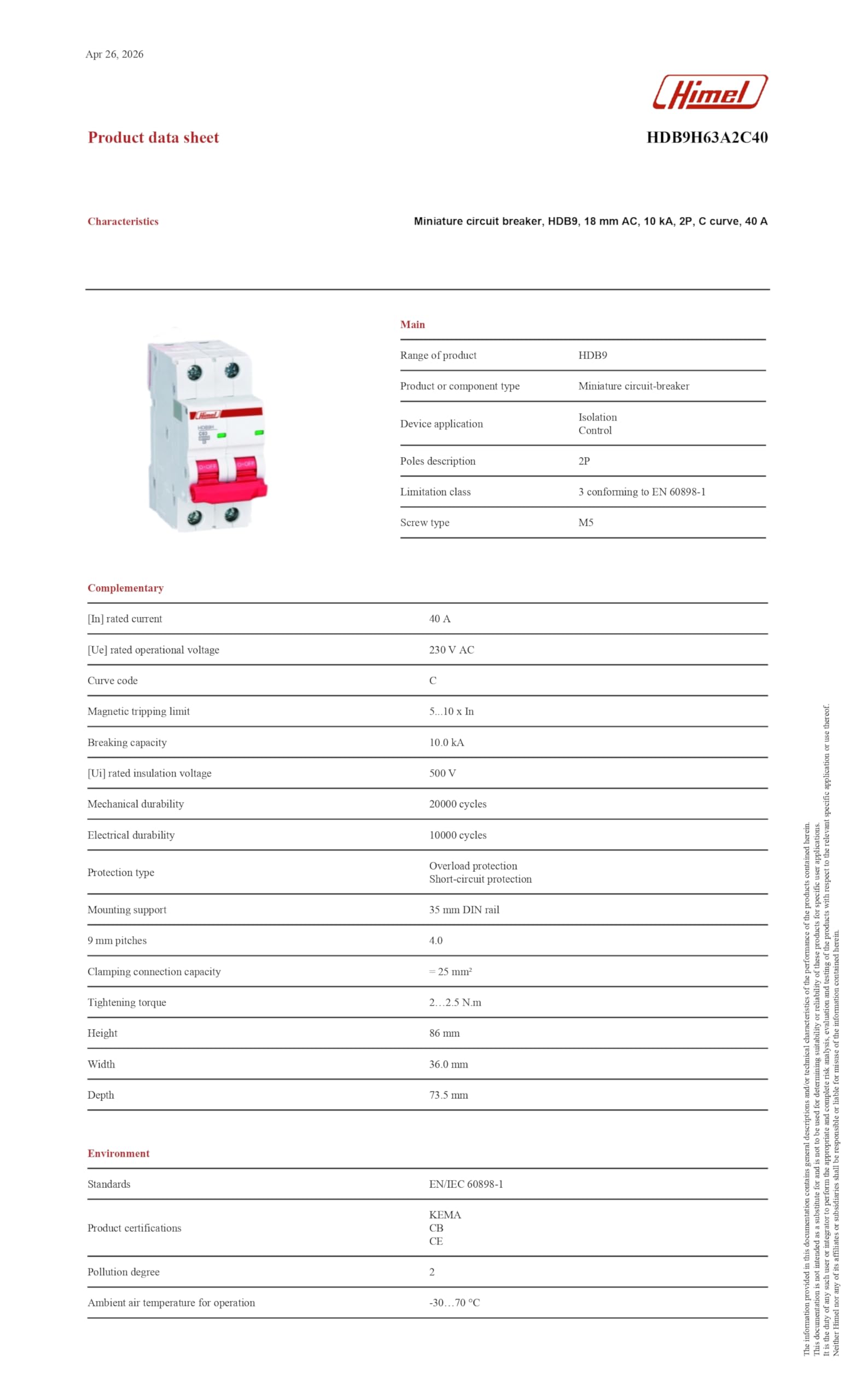 HIMEL Miniature Circuit Breaker (MCB) 2P 40A 10kA Type C – HDB9H63A2C40 - Image 7