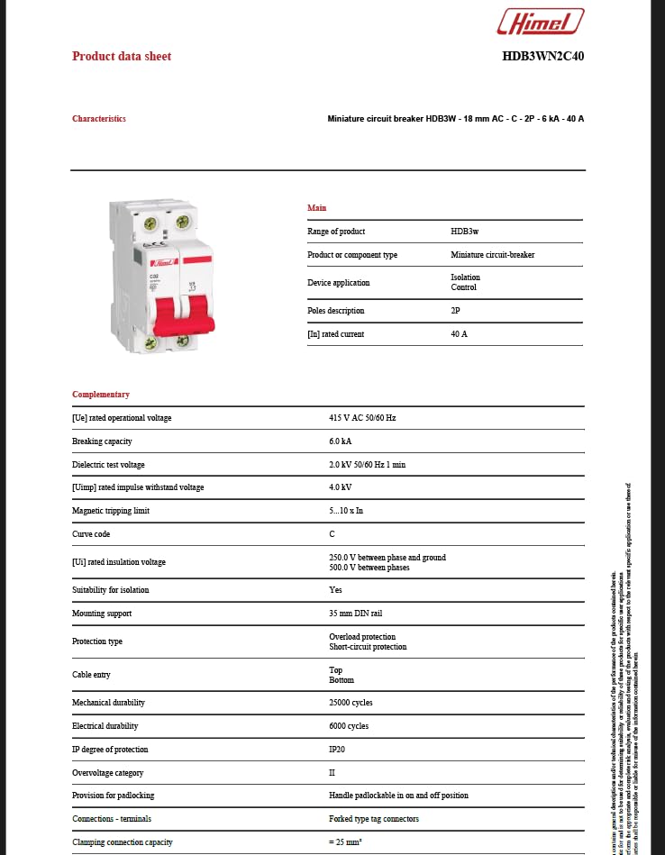HIMEL Miniature Circuit Breaker (MCB) 2P 40A 6kA Type C – HDB3WN2C40 - Image 7