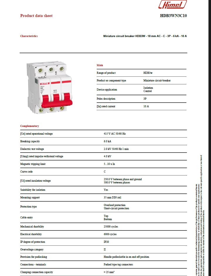 HIMEL Miniature Circuit Breaker (MCB) 3P 10A 6kA Type C – HDB3WN3C10 - Image 4