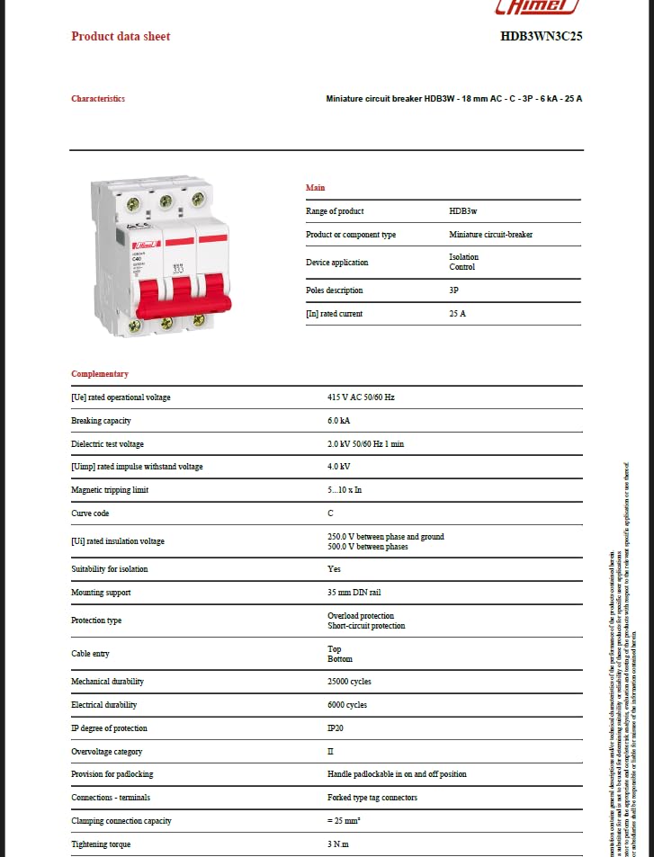 HIMEL Miniature Circuit Breaker (MCB) 3P 25A 6kA Type C – HDB3WN3C25 - Image 7