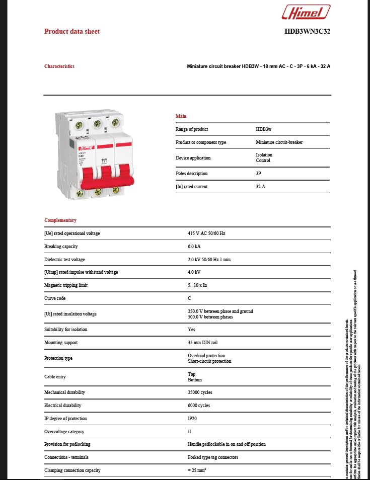 HIMEL Miniature Circuit Breaker (MCB) 3P 32A 6kA Type C – HDB3WN3C32 - Image 7