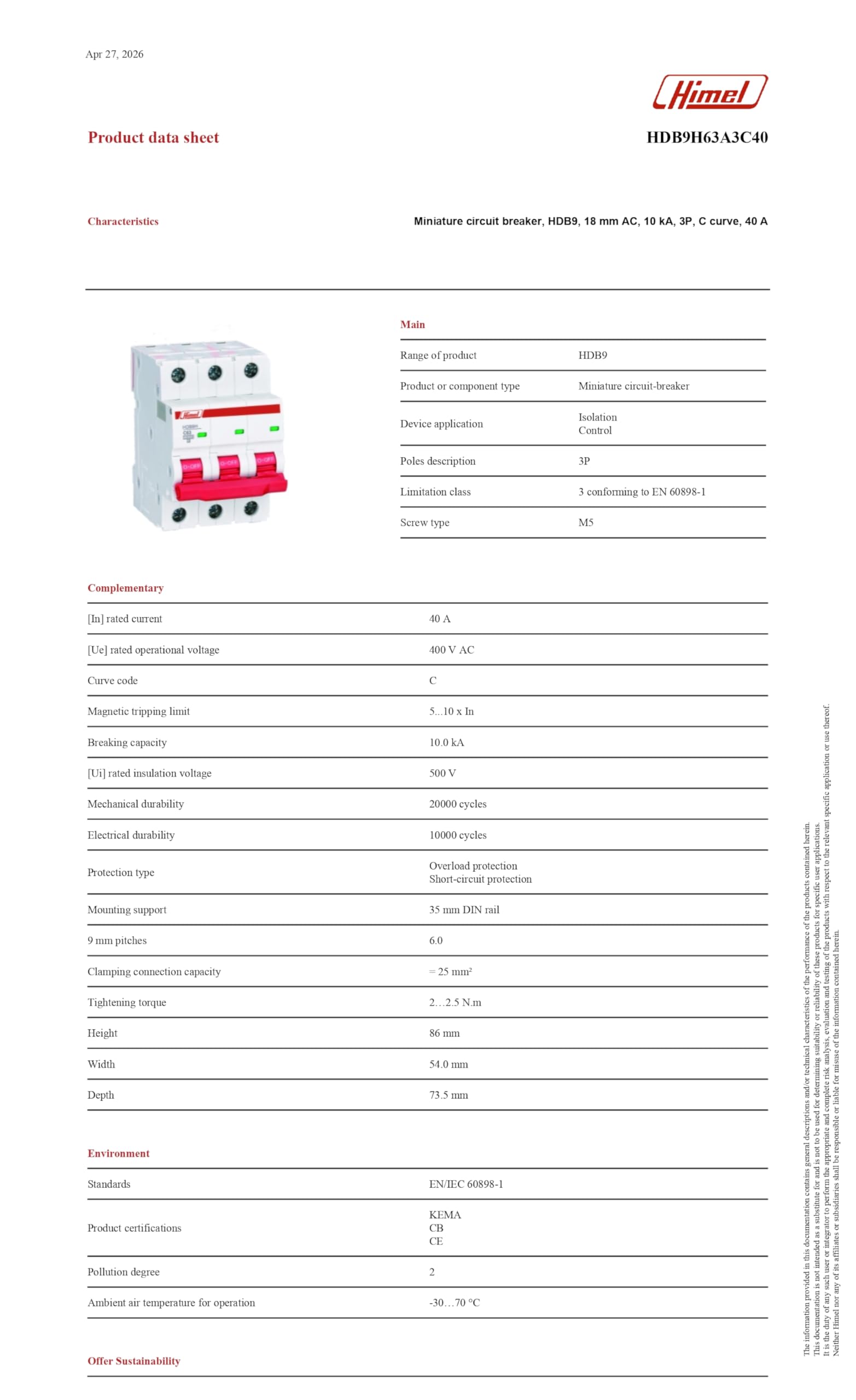 HIMEL - Miniature Circuit Breaker (MCB) - (3P - 40A - 10kA) - HDB9H63A3C40 - Image 6