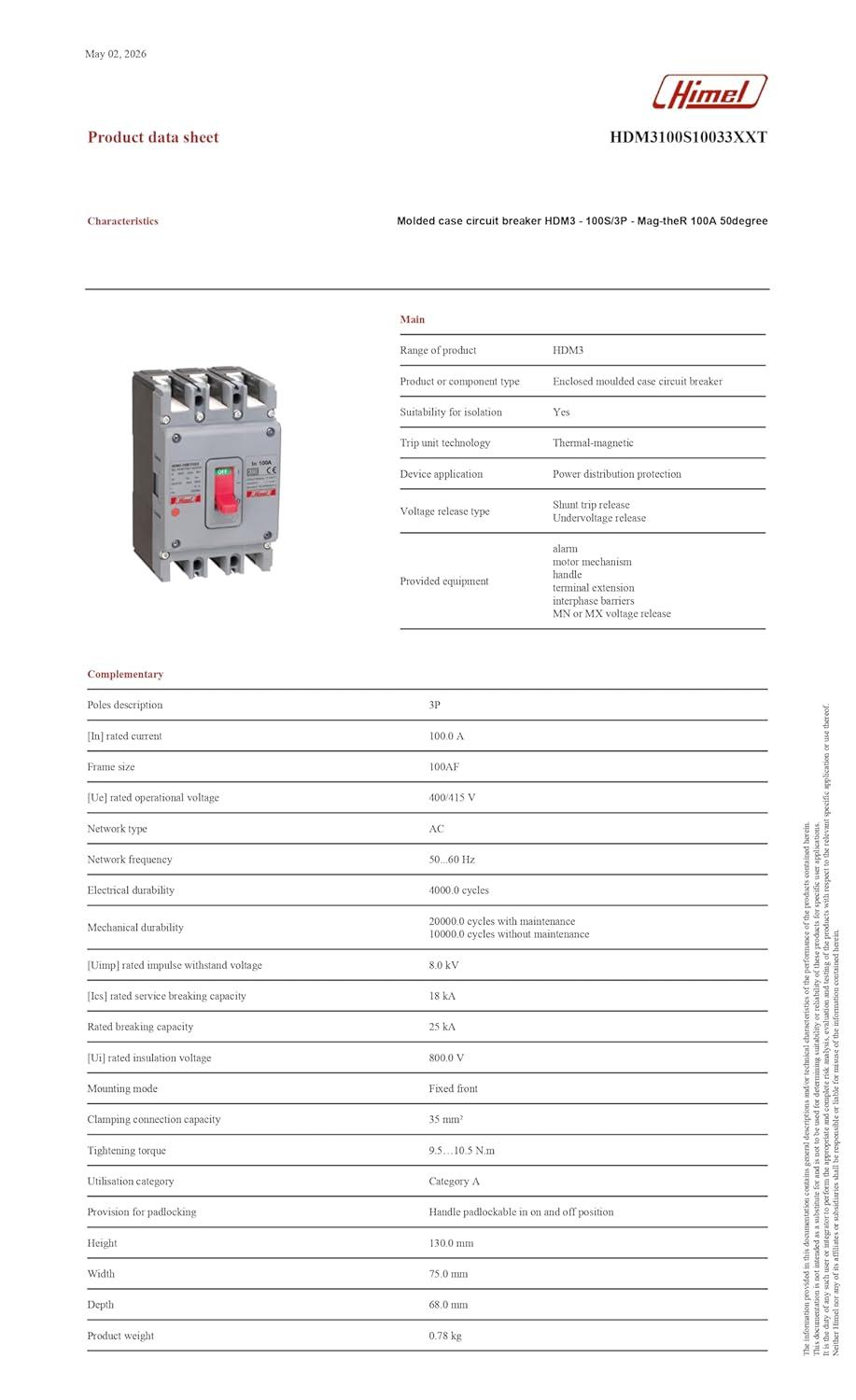 HIMEL Molded Case Circuit Breaker (MCCB) 3P 100A 25kA Thermal-Magnetic – HDM3100S10033XX - Image 6